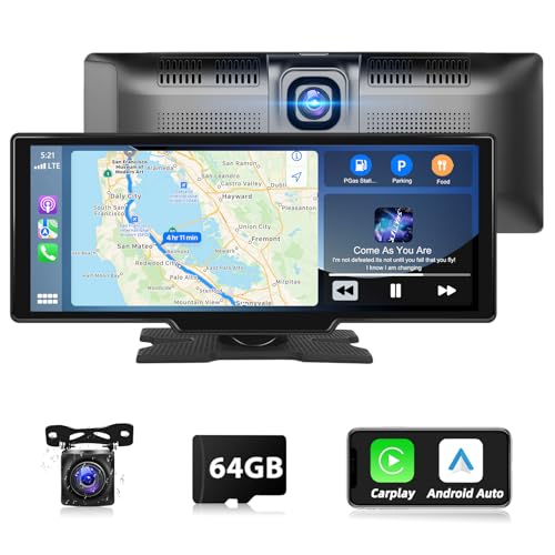 Podofo Tragbarer Autoradio mit Wireless Apple Carplay Android Auto, 9,3 Zoll Radio mit Bluetooth, FM-Übertragung, 2-Split Funktion, Rückfahrkamera Fahrrekorder 7V-32V + 64G Karte von podofo