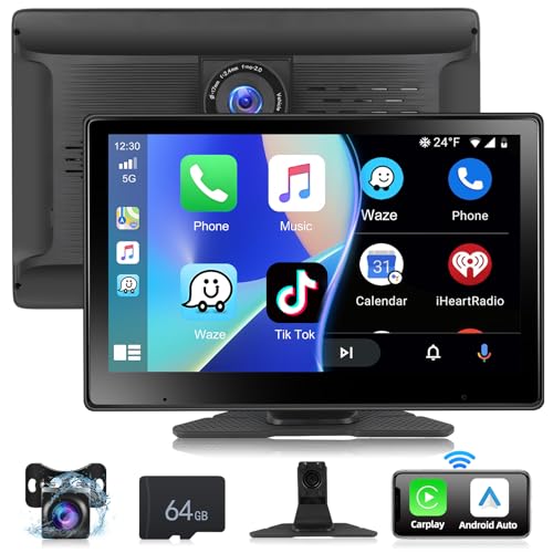 Podofo Tragbares Autoradio mit Wireless Apple Carplay und Android Auto mit Dashcam, 10.1-Zoll Touchscreen Auto Radio mit Bluetooth, FM-Übertragung, Apple Airplay, Mirror-Link von podofo