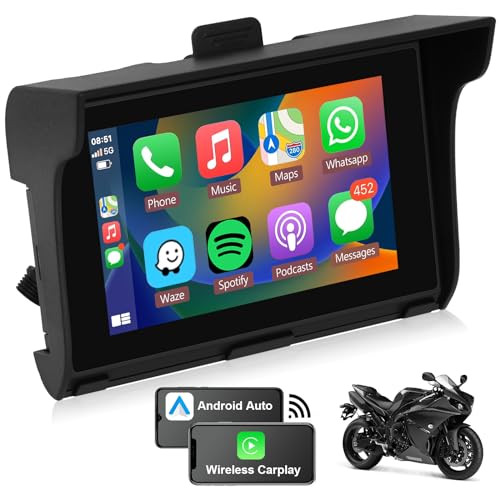 Podofo Tragbares Kabelloses Apple Carplay & Android Auto-Autoradio für Motorräder, 5-Zoll-Touchscreen mit Bluetooth, GPS-Navigation, Mirror Link, IP65 wasserdichter Motorrad-Auto-Player von podofo
