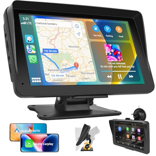 Podofo Wireless Apple CarPlay & Android Auto Autoradio 7 Zoll Portable Touchscreen Car Radio mit Bluetooth/FM Empfänger/Mirror Link/Google/Siri/Airplay/GPS/TF/AUX 7-34V von podofo