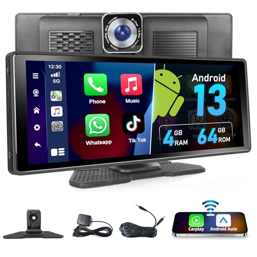 Podofo Wireless Apple Carplay Android Auto Tragbarer Autoradio [4+64G] 10.26 Zoll Android 13 Auto Stereo Radio mit Bluetooth 2 Geteiltes Bild DVR, WiFi, GPS Navi, UKW-Übertragung, Mirror Link von podofo