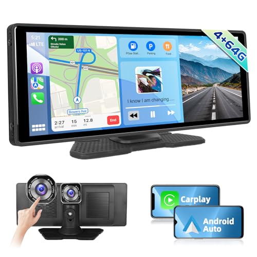 Podofo 4+64G Wireless Carplay Tragbarer Autoradio Android Auto 10.26 Zoll Android 13 Auto Stereo Radio mit Bluetooth 2 Geteiltes Bild DVR, WiFi, GPS Navi, UKW-Übertragung, Mirror Link von podofo