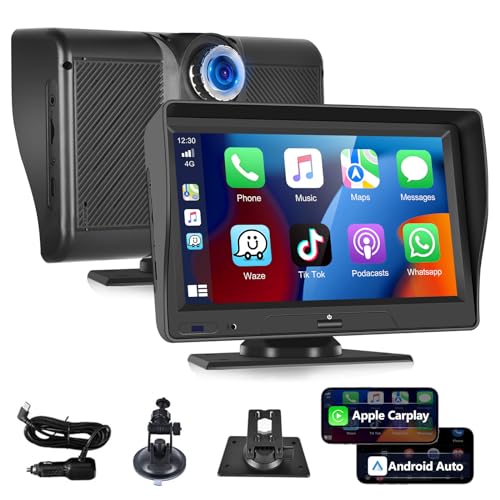 Podofo Wireless Apple Carplay Tragbares Autoradio Android Auto,7 Zoll Touchscreen Tragbares Auto Radio Stereo mit Dashcam,Unterstützt Rückfahrkamera, Bluetooth, FM-Sender,Sprachsteuerung,AUX/USB/TF von podofo