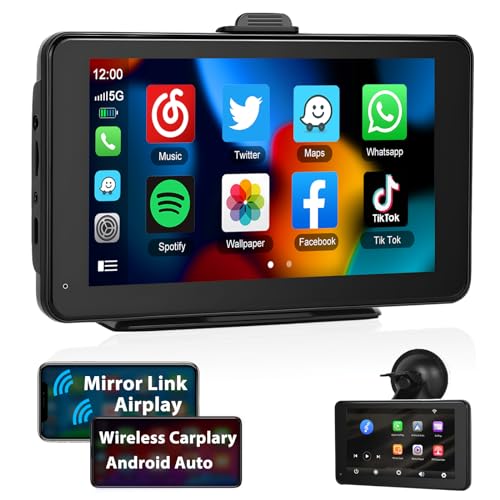 Podofo Wireless Apple Carplay & Android Auto Tragbares Autoradio, 7 Zoll Auto Radio Stereo mit Bluetooth, Vertikaler Windschutzscheibenhalterung am Armaturenbrett oder Saugnapfhalterung von podofo