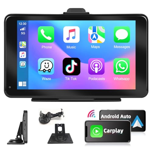 Podofo Wireless Apple Carplay & Android Auto Tragbares Autoradio, 7 Zoll Auto Radio Stereo mit Bluetooth, Vertikaler Windschutzscheibenhalterung am Armaturenbrett oder Saugnapfhalterung von podofo