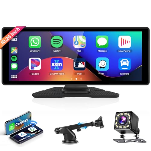 Podofo Wireless Carplay&Android Auto Tragbares Autoradio mit 10,26''Bildschirm,Carplay Screen Bluetooth/USB/SD/Equalizer FM Transmitter 12LED Rückfahrkamera Plug-Play Mirror Link 7-32V von podofo