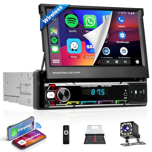 Podofo Wireless Carplay/Android Auto Autoradio 1Din Mit 7'' Touchsreen Automatischer Bildschirm Bluetooth 5.1 Wireless FM/AM/RDS 2USB/MIC/TF/Lenkradsteuerung mit 12LED Rückfahrkamera von podofo