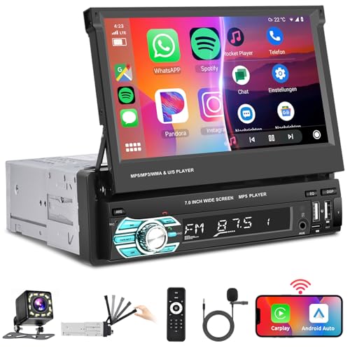 Podofo Wireless Carplay Android Auto 7'' Autoradio Bluetooth 5.1 1Din Mit Ausfahrbarem Display Manuell Touchscreen,FM Radio mit 2USB/AUX/SD/Lenkradsteuerung Mit Rückfahrkamera/7 Bunte Lichter Podofo Wireless Carplay Android Auto 7'' Autoradio Bluetooth 5.1 1Din Mit Ausfahrbarem Display Manuell Touchscreen,FM Radio mit 2USB/AUX/SD/Lenkradsteuerung Mit Rückfahrkamera/7 Bunte Lichter von podofo