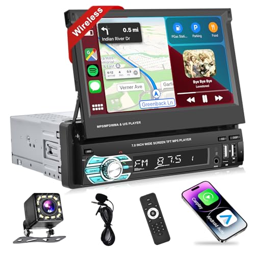 Podofo Wireless Carplay Autoradio 1Din Mit 7'' Ausfahrbarem Display Manuell Bildschirm Wireless Android Auto Bluetooth 5.1 FM 2USB/AUX/SD/Lenkradsteuerung Mit Rückfahrkamera Lenkradsteuerung von podofo