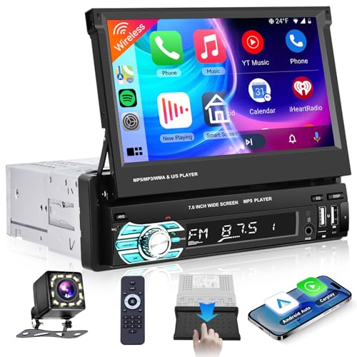 Podofo Wireless Carplay Autoradio 1Din Mit 7'' Ausfahrbarem Display Manuell Bildschirm Wireless Android Auto Bluetooth 5.1 FM 2USB/AUX/SD/Lenkradsteuerung Mit Rückfahrkamera Lenkradsteuerung von podofo