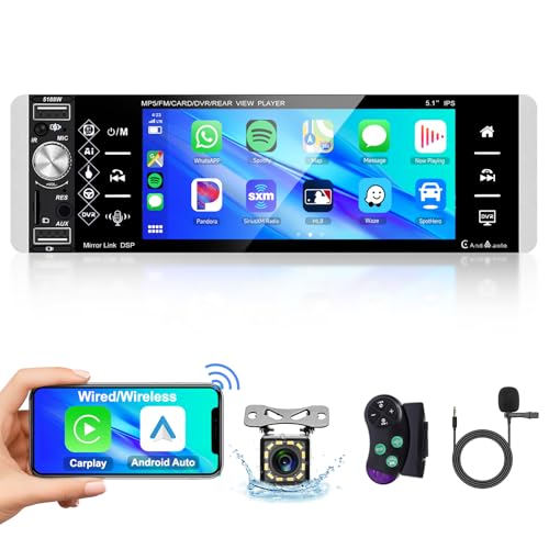 Podofo Wireless Carplay Autoradio 1din mit 5,1’’ Bildschirm Bluetooth FM/AM/RDS 2 USB Wireless Android Auto AUX/SD/Lenkradsteuerung Mirror link mit Rückfahrkamera DVR von podofo