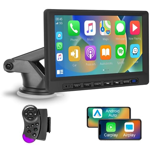 Podofo Wireless Carplay Autoradio Android Auto, 7 Zoll HD Touchscreen, tragbarer Carplay Bildschirm mit Bluetooth, Mirror Link, SWC, USB/TF Port, Saugnapfständer/Zigarettenanzünder für Fahrzeuge von podofo