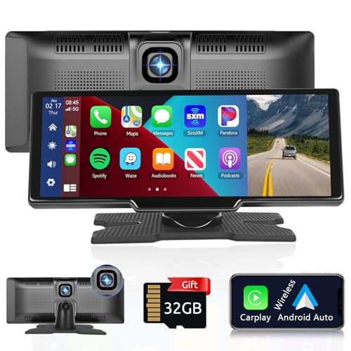 Podofo Wireless Carplay Tragbares Autoradio mit 9,3" Bildschirm Android Auto DVR 2 Geteilter Bildschirm，Carplay Screen mit 32G SD Karte Bluetooth/FM Transmitter/Aux Für alle Modelle geeignet von podofo