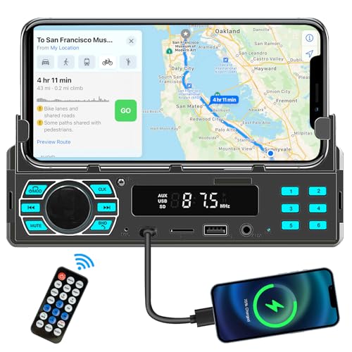Podofomit Autoradio 1 DIN Stereo mit Handyhalterung Bluetooth 5.1 Freisprecheinrichtung, 12V Autoradio Mp3 Player Unterstützt FM Radio, 2 USB Ports, SD-Karte, AUX-IN, Schnellladung von podofo
