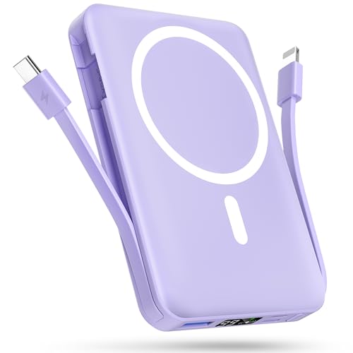 Mag-Safe Powerbank,Podoru 10000mAh Magnetische Powerbank mit Kabel PD 22.5W Mini Schnellladen mit LED Display Akkupack Kompatibel mit Mag-Safe für iPhone 15/14/13/12 Plus/Mini/Pro/Pro Max (Lila) von podoru