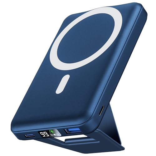 Podoru Mag-Safe Powerbank iPhone 10000mah Magnetische Wireless Power Bank Faltbarer PD 22.5W Schnelles Laden mit LED Display Mag-Safe Akkupack für iPhone 15/14/13/12/Pro/Pro Max/Mini (Navy blau) von podoru