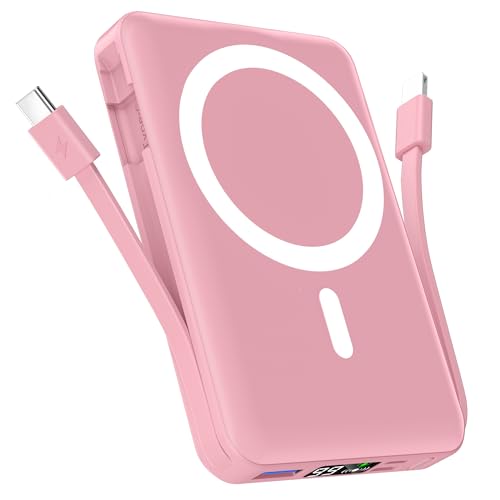 Podoru for Magsafe Powerbank, 10000mAh Magnetische Wireless Power Bank mit USB-C Kabel PD 22.5W Schnellladen mit LED Display, Kabellos Akkupack für iPhone 16/15/14/12/Pro/Pro Max/Mini (Pink) von podoru