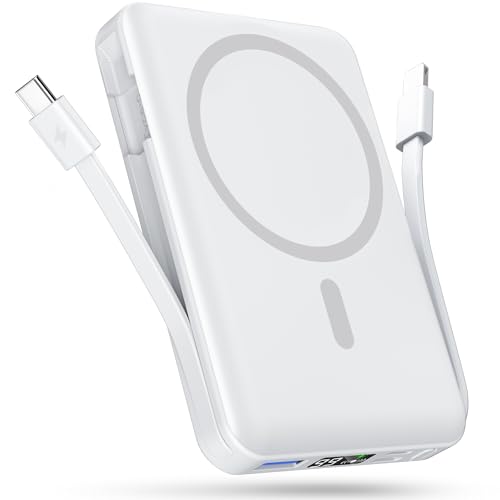 Podoru for Magsafe Powerbank, 10000mAh Magnetische Wireless Power Bank mit USB-C Kabel PD 22.5W Schnellladen mit LED Display, Kabellos Akkupack für iPhone 16/15/14/12/Pro/Pro Max/Mini (Weiß) von podoru