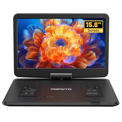 POFOTO Tragbarer DVD-Player, 43,9 cm (17,5 Zoll), HD-Bildschirm, 39,6 cm (15,6 Zoll), 6 Stunden Akku, unterstützt Multiformat/SD/USB, keine Zonen, synchronisiert TV/Projektor, Anti-Shock und Speicher von pofoto