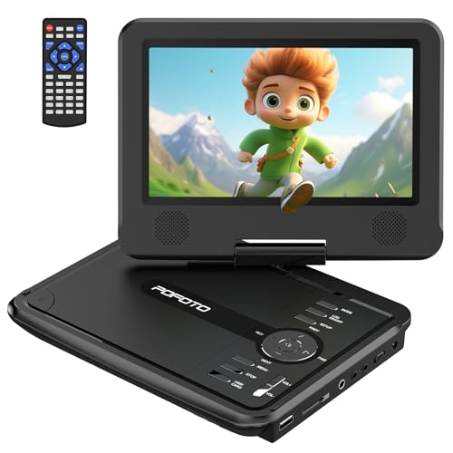 POFOTO Tragbarer DVD-Player, 9,5 Zoll (24,6 cm) mit drehbarem HD-Bildschirm, für Auto und Kinder, 4-6 Stunden, unterstützt Multiformat Discs/SD/USB, Synchro-TV, zwei Lautsprecher, mit Kfz-Ladegerät von pofoto