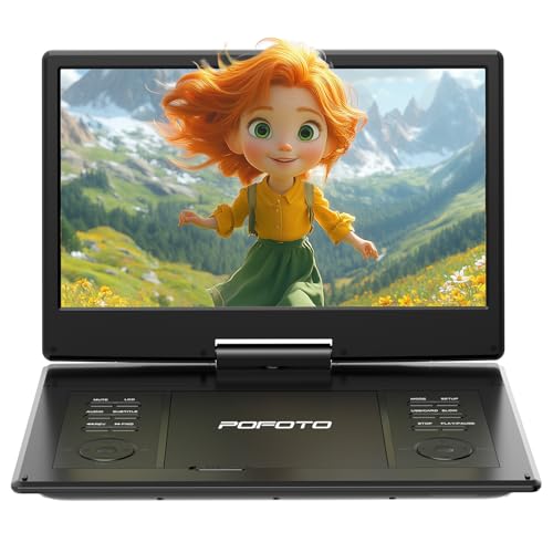 POFOTO Tragbarer DVD-Player 15,7 Zoll (39,7 cm) mit 35,7 cm (14,1 Zoll) HD-Bildschirm, 6 Stunden Akku, Multiformat Discs/SD/USB, freie Region, Speicherwiedergabe, Sync TV und Projektor von pofoto
