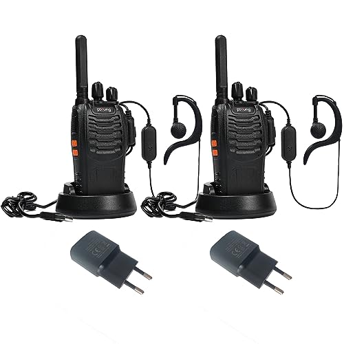 Walkie Talkie PT88E PMR446 16 Kanäle Wiederaufladbares 2-Wege-Radio mit EU-Adapter LED-Taschenlampe VOX (2 Packungen) von pofung