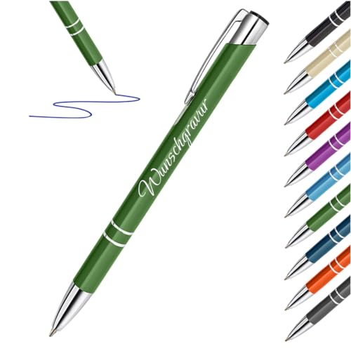 polar-effekt 1 Stück Metall Kugelschreiber in Grün mit Gravur - Stifte mit Namen - personalisierte - Kuli Geschenk-Idee - Bürobedarf für Firmen - blaue Mine von polar-effekt