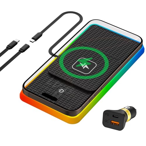 Wireless Charger Auto Ladepad RGB,15W USB C Induktives Laden Auto Matte rutschfest Induktive Ladestation Auto LED Ladematte Auto Kompatibel mit iPhone 16 Pro 15 14 13 12 Airpods Samsung Galaxy Google von polmxs