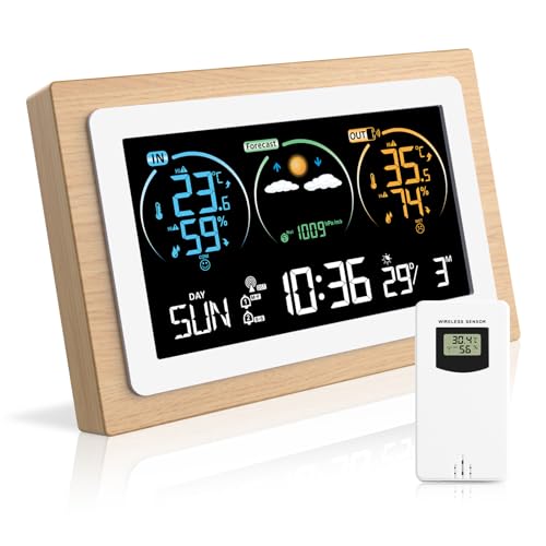Wetterstation Funk mit Außensensor, Funkwetterstation mit Wettervorhersage, Weather Station Wetterstationen Digital Farbdisplay Funkuhr Innen und Außen, Funkwetterstation mit Wettervorhersage von ponoseu