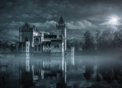 Postkarte "Mystic and Gothic: Mystisches Wasserschloß im Mondlicht" von postkarten-universum.de