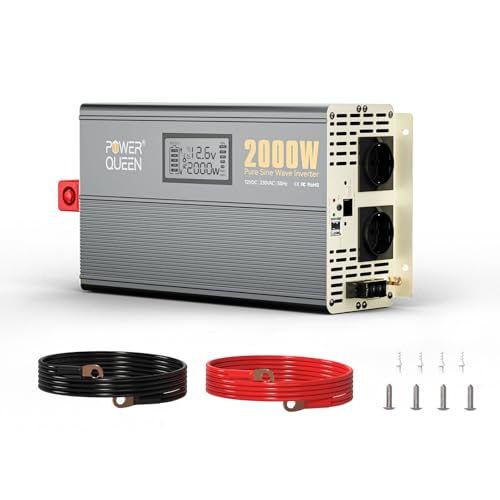 Power Queen 2000W Pure Sine Wave Inverter, Solar Power Inverter 12V DC zu 220V-240V AC Konverter mit 2 AC Ausgängen, LCD Display für Off-Grid Solar Power System, RVWohnmobil, Truck, Home Appliances von power queen