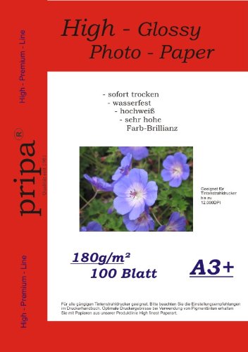 pripa 100 Blatt A 3 + 480 x 330 mm, 180g, high-glossy hoch-glänzend - sofort trocken - wasserfest - hochweiß - sehr hohe Farbbrillianz, fuer InkJet Drucker Tintenstrahldrucker von pripa