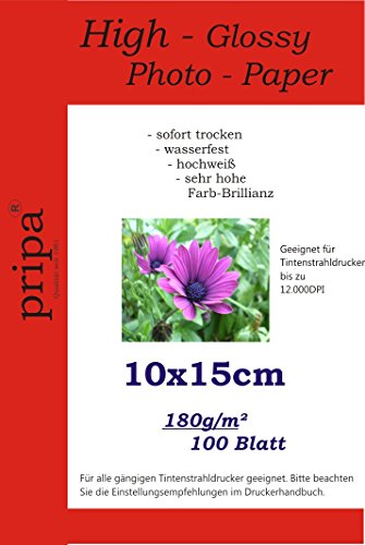 pripa 100 Blatt Fotopapier 10 x 15 cm, 180g/qm, high -Glossy (hoch-glaenzend) -sofort trocken - Fuer Inkjet Drucker Tintenstrahldrucker von pripa