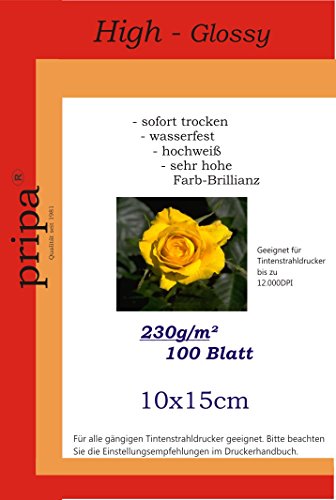 pripa 100 Blatt Fotopapier 10 x 15 cm, 230g/qm, high -Glossy (hoch-glaenzend) -sofort trocken -wasserfest-hochweiß- Fuer Inkjet Drucker Tintenstrahldrucker von pripa