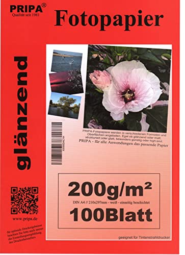 pripa 100 Blatt Fotopapier A4, 200g/qm, high -Glossy glaenzend -sofort trocken -wasserfest-hochweiß-sehr hohe Farbbrillianz, Fuer Inkjet Tinten Drucker von pripa