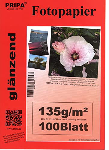 pripa 100 Blatt Fotopapier DIN A4, 135g /qm, high -Glossy hoch-glaenzend -sofort trocken - wasserfest - hochweiß - sehr hohe Farbbrillianz, Fuer Inkjet - Tintenstrahl - Drucker von pripa