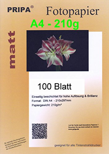 pripa 100 Blatt InkJet Fotopapier - matt beschichtet - ohne Glanz - DinA4-210 x 297 mm - 210g - Tintenstrahldrucker von pripa