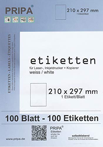 pripa 100 Etiketten A4-210 x 297 vollflächig selbstklebend weiß - Allround Qualität … (100) von pripa