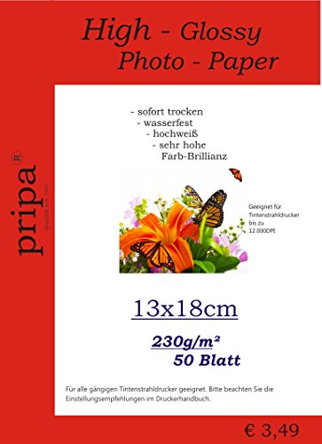pripa 50 Blatt Fotopapier 13 x 18 cm, 230g/qm, high -Glossy Glanz - sofort trocken -wasserfest-hochweiß-sehr hohe Farbbrillianz, Fuer Inkjet - Tinten Drucker von pripa