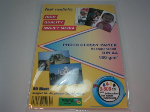 pripa 50 Blatt Fotopapier DINA4, 210g/qm, Glossy (glaenzend) hochauflösend, Fuer Inkjet Drucker (Tintenstrahldrucker). von pripa