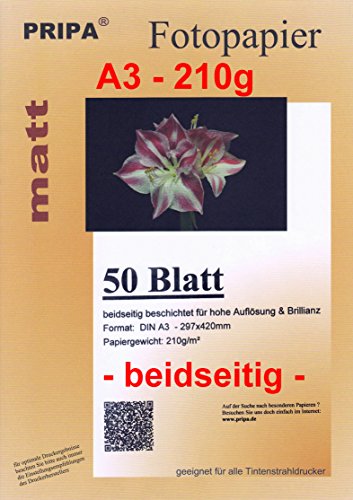 pripa 50 Blatt InkJet Fotopapier - matt beidseitig beschichtet - OHNE Glanz - DIN A3-210g - Tintenstrahldrucker von pripa