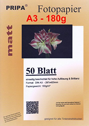 pripa 50 Blatt InkJet Fotopapier - matt beschichtet - OHNE Glanz - DIN A3-180g - Tintenstrahldrucker von pripa