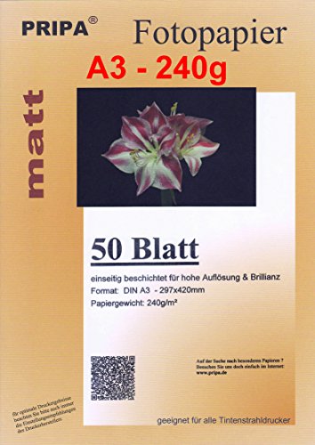 pripa 50 Blatt InkJet Fotopapier - matt beschichtet - OHNE Glanz - DIN A3-240g - Tintenstrahldrucker von pripa