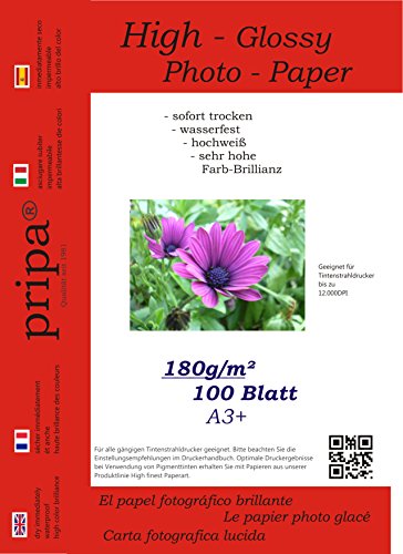pripa - A3+ - 100 Blatt Fotopapier Photopapier DIN - A 3 + - 180g/qm - glossy glaenzend - sofort trocken - wasserfest - hochweiß - sehr hohe Farbbrillianz fuer InkJet – Tinten - Drucker pripa - A3+ - 100 Blatt Fotopapier Photopapier DIN - A 3 + - 180g/qm - glossy glaenzend - sofort trocken - wasserfest - hochweiß - sehr hohe Farbbrillianz fuer InkJet – Tinten - Drucker von pripa