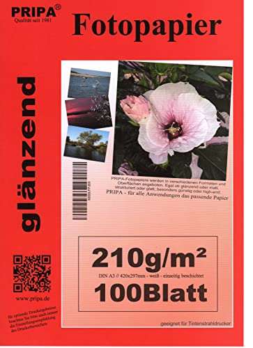pripa - A3-100 Blatt Fotopapier Photopapier DIN - A 3-210g/qm - glossy glaenzend - sofort trocken - wasserfest - hochweiß - sehr hohe Farbbrillianz fuer InkJet Drucker Tintenstrahldrucker von pripa