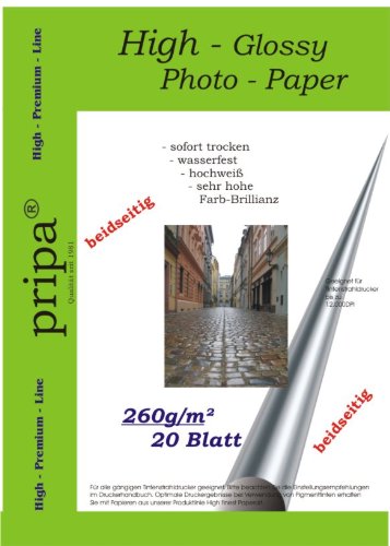 pripa BEIDSEITIG 20 Blatt Fotopapier DIN A4 260g/qm - beidseitig Glossy (glaenzend) - sofort trocken - wasserfest - hochweiß - sehr hohe Farbbrillianz Fuer Inkjet Drucker (Tintenstrahldrucker). von pripa