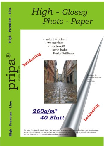 pripa BEIDSEITIG 40 Blatt Fotopapier DIN A4 260g/qm - beidseitig Glossy (glaenzend) - sofort trocken - wasserfest - hochweiß - sehr hohe Farbbrillianz Fuer Inkjet Drucker (Tintenstrahldrucker). von pripa