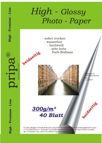 pripa BEIDSEITIG 40 Blatt Fotopapier Photopapier DIN A4 300g/qm - beidseitig Glossy (glaenzend) - sofort trocken - wasserfest - sehr hohe Farbbrillianz Fuer Inkjet - Tinten - Drucker von pripa