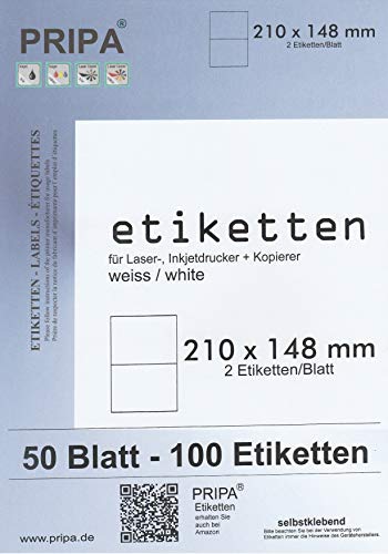 pripa Etiketten 210 x 148 mm A5-50 Blatt DIN Selbstklebende Etiketten - 100 Etiketten von pripa