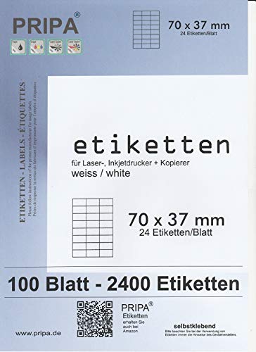 pripa Etiketten 70 x 37 mm, 100 Blatt DIN A4 Selbstklebende Etiketten. 24 Etiketten pro Bogen - 3 Spalten - 8 Reihen - 2400 Etiketten von pripa